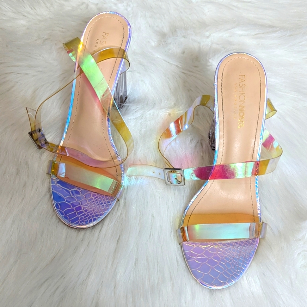 Fashion Nova Holographic Metallic Ankle Toe Strap Clear Chunky 4" Heels Sz 9.